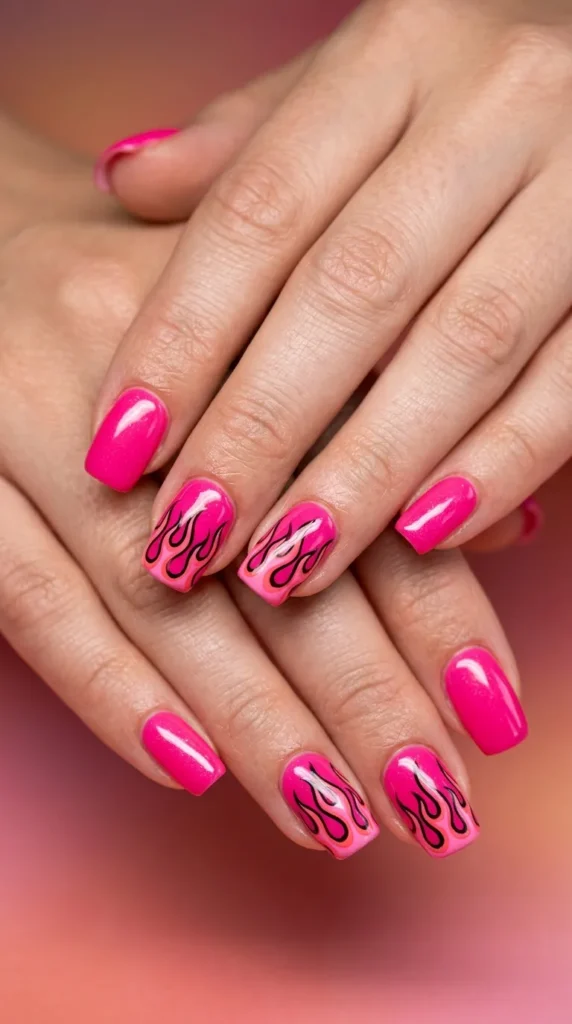 Hot Pink Flame Nail Design
