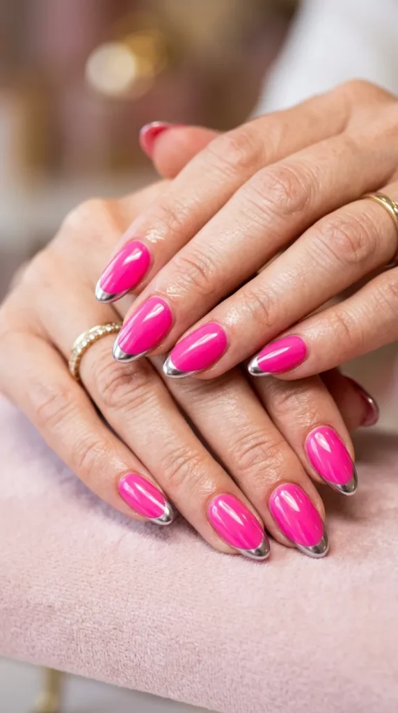 Hot Pink French Tips with Chrome Edges