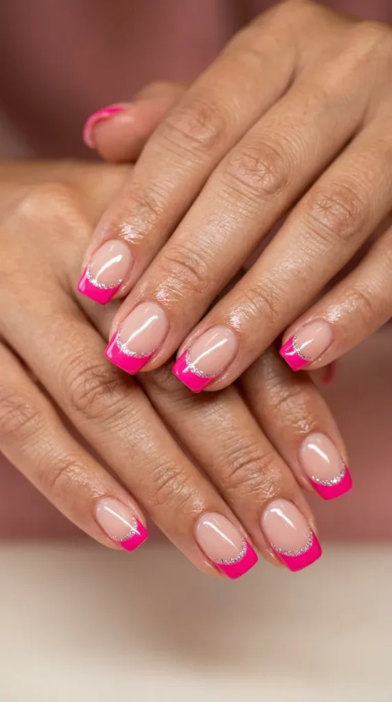 Hot Pink French Tips with Glitter Outline