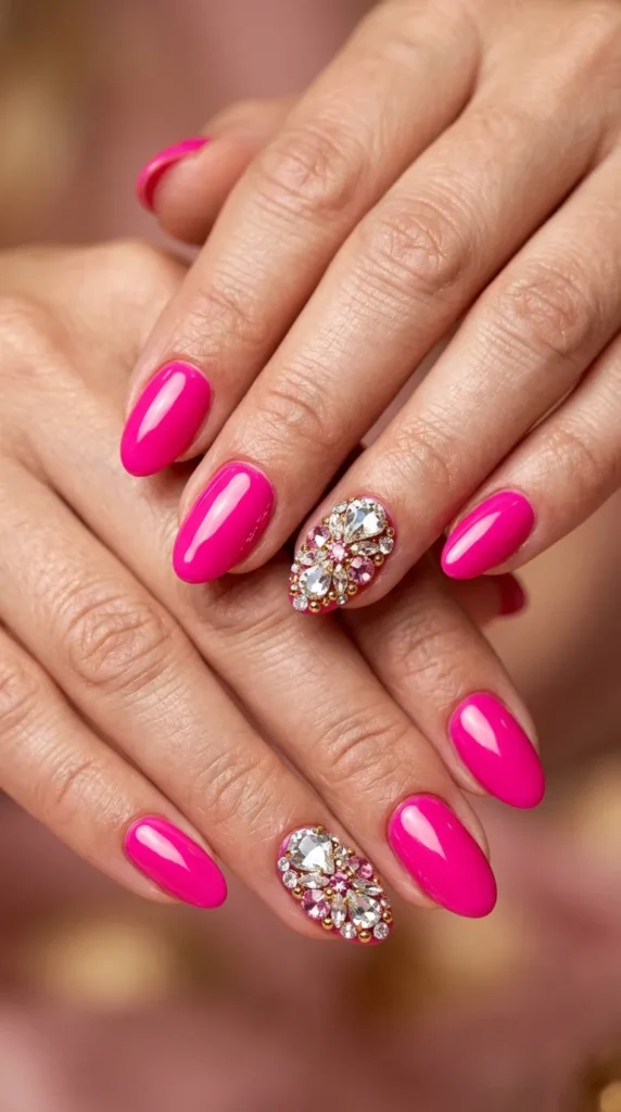 Hot Pink Gemstone Accent Nails