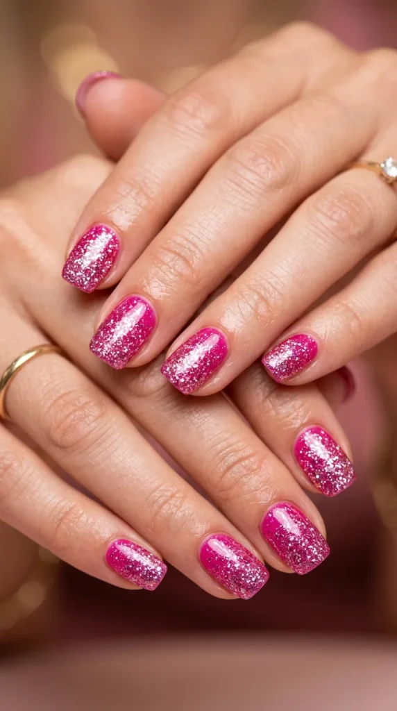 Hot Pink Glitter Ombre Nails