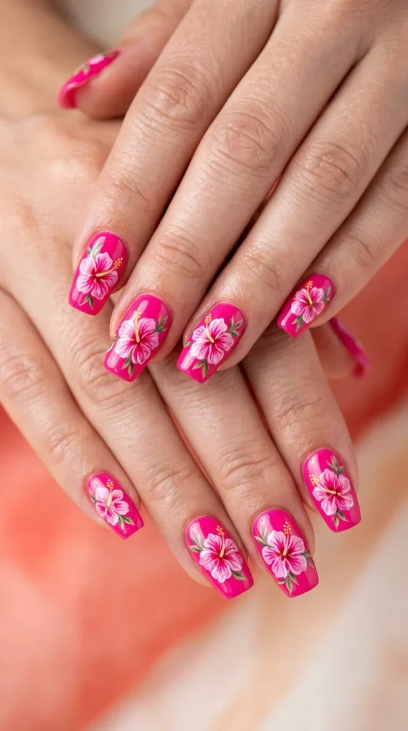 Hot Pink Hibiscus Flower Nails