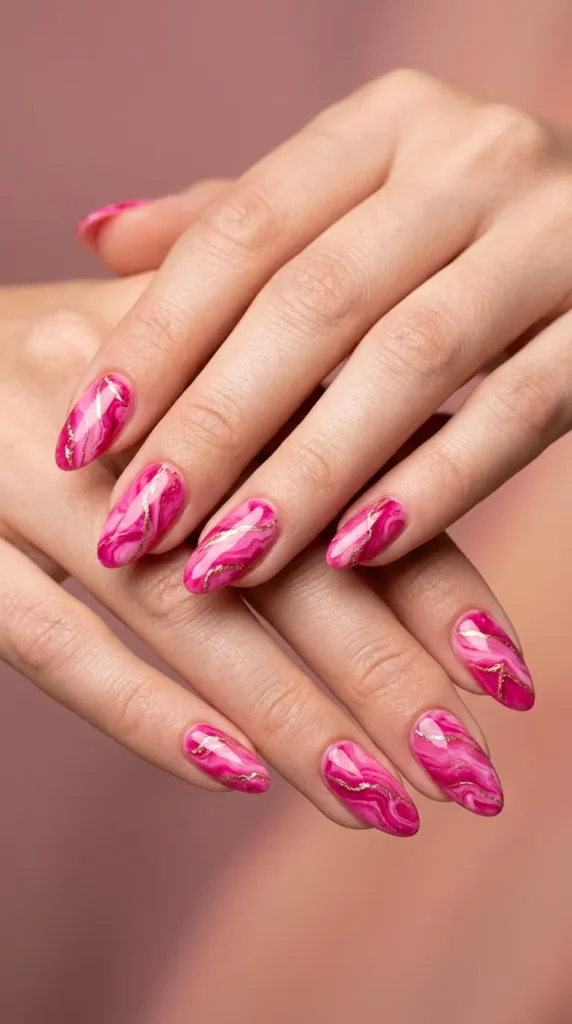 Hot Pink Marble Nails with Gold Veins