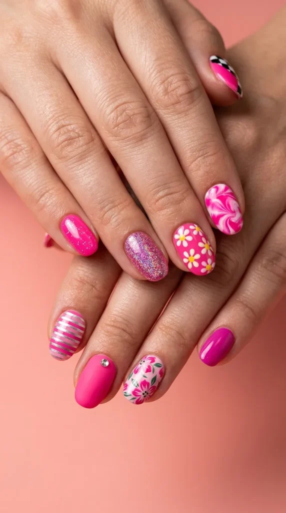 hot pink mix-and-match summer nails