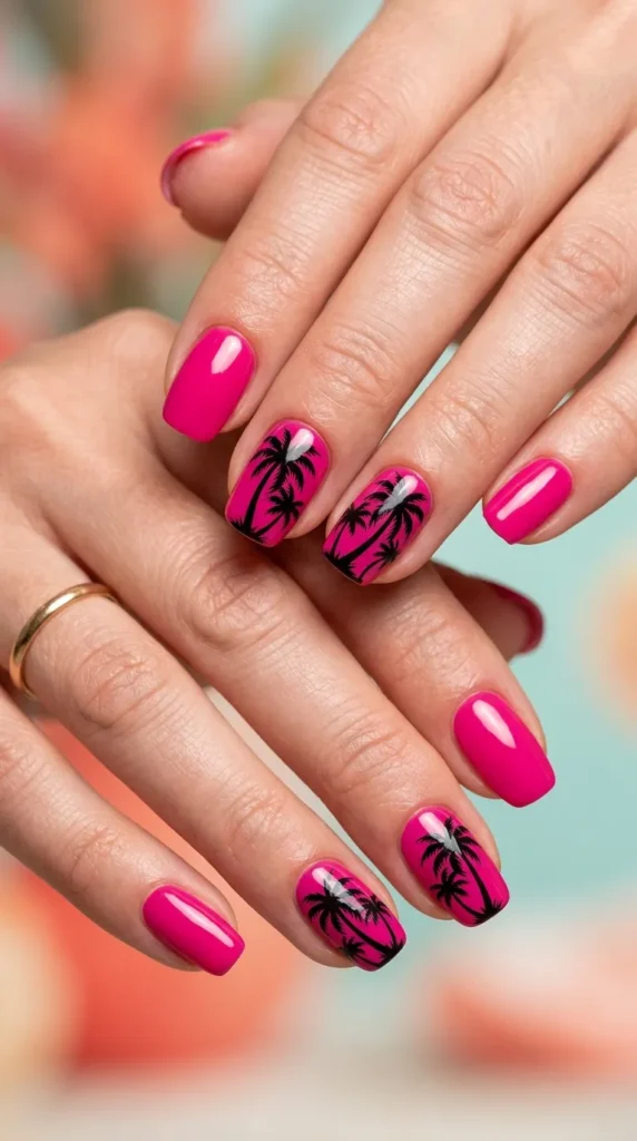 Hot Pink Palm Tree Vacation Nails