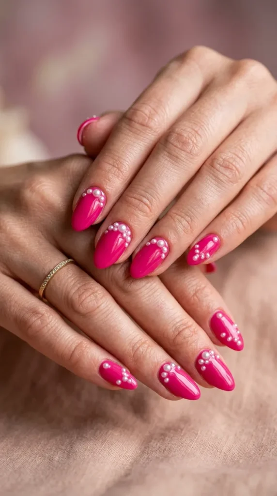 Hot Pink Pearl Embellished Nails