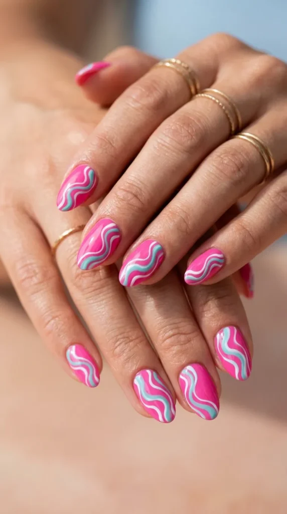 Hot Pink Poolside Wave Nails
