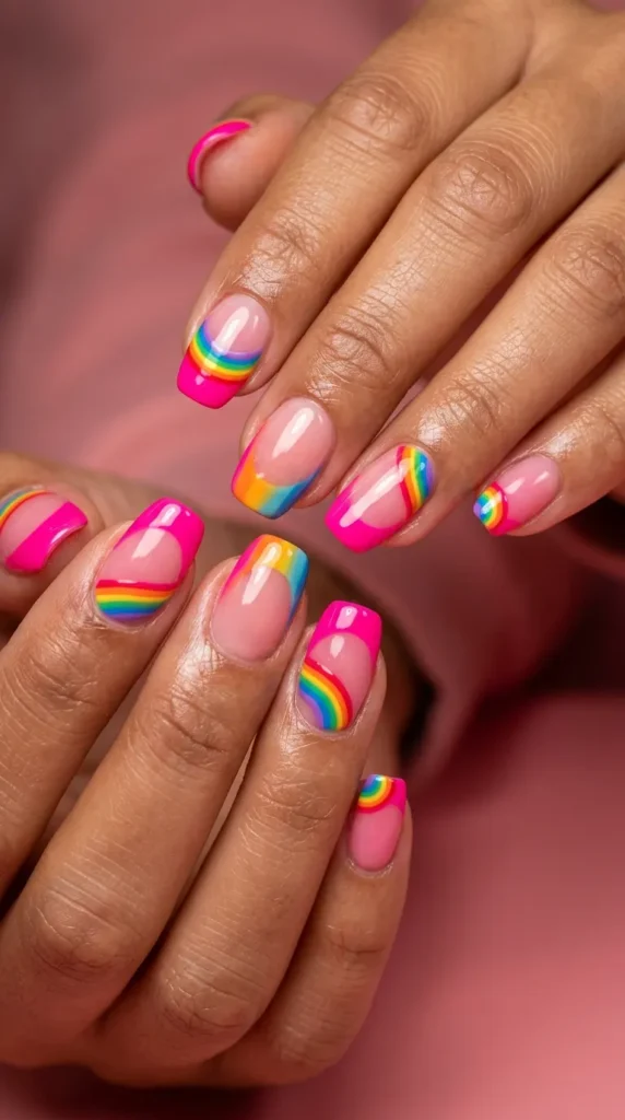 Hot Pink & Rainbow French Nails