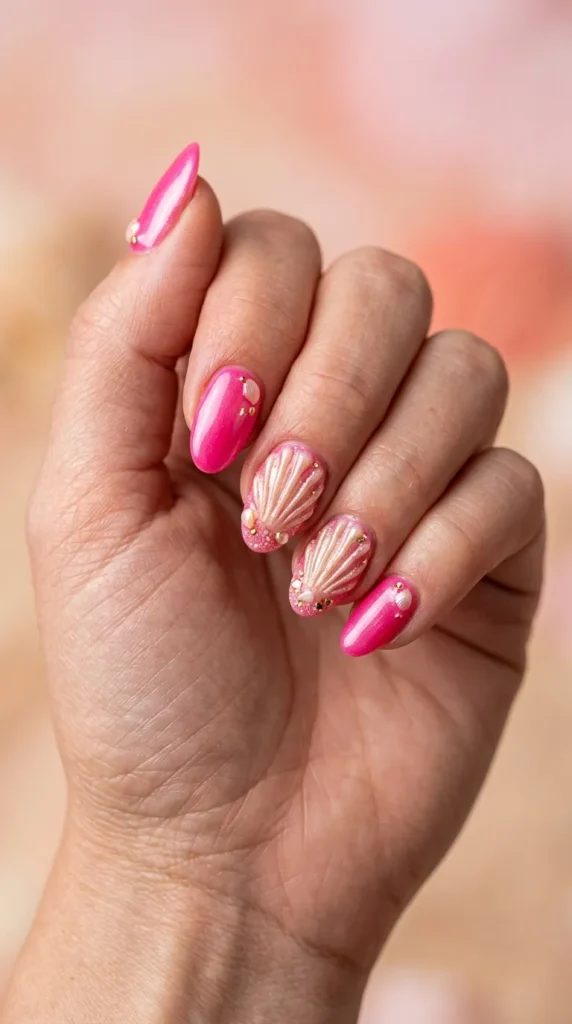 Hot Pink Seashell Beach Nails