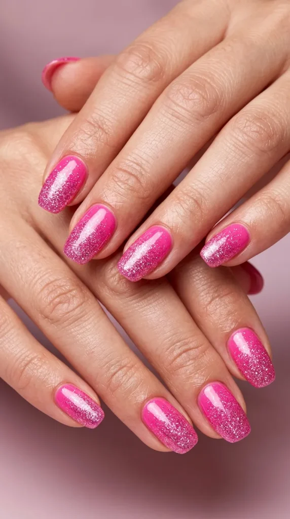 Hot Pink Sparkle Gradient Nails