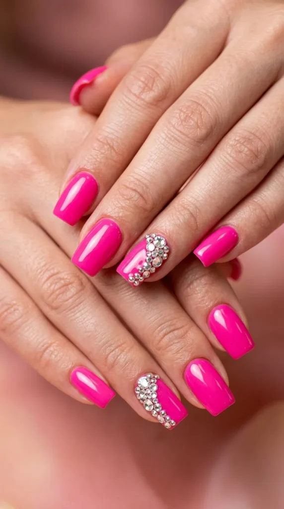 Hot Pink Square Nails with Rhinestones