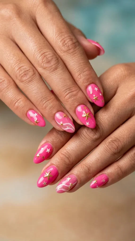 Hot Pink Starfish Nail Design