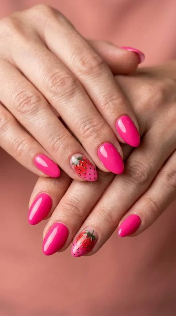 Hot Pink Strawberry Nail Design