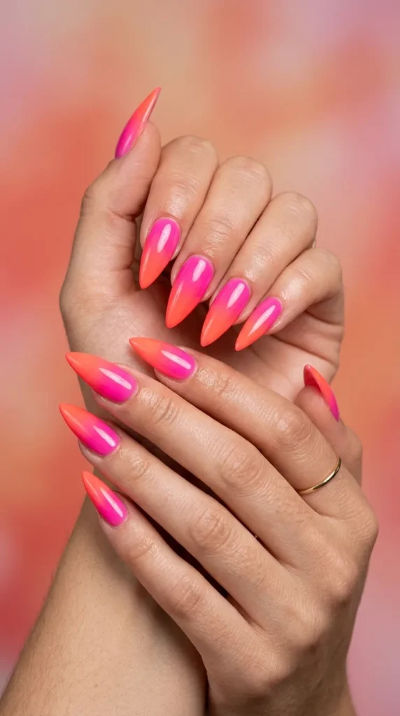 Hot pink to neon coral stiletto ombre