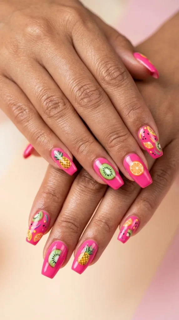 Hot Pink Tropical Fruit Nails
