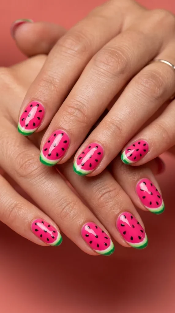 Hot Pink Watermelon Summer Nails