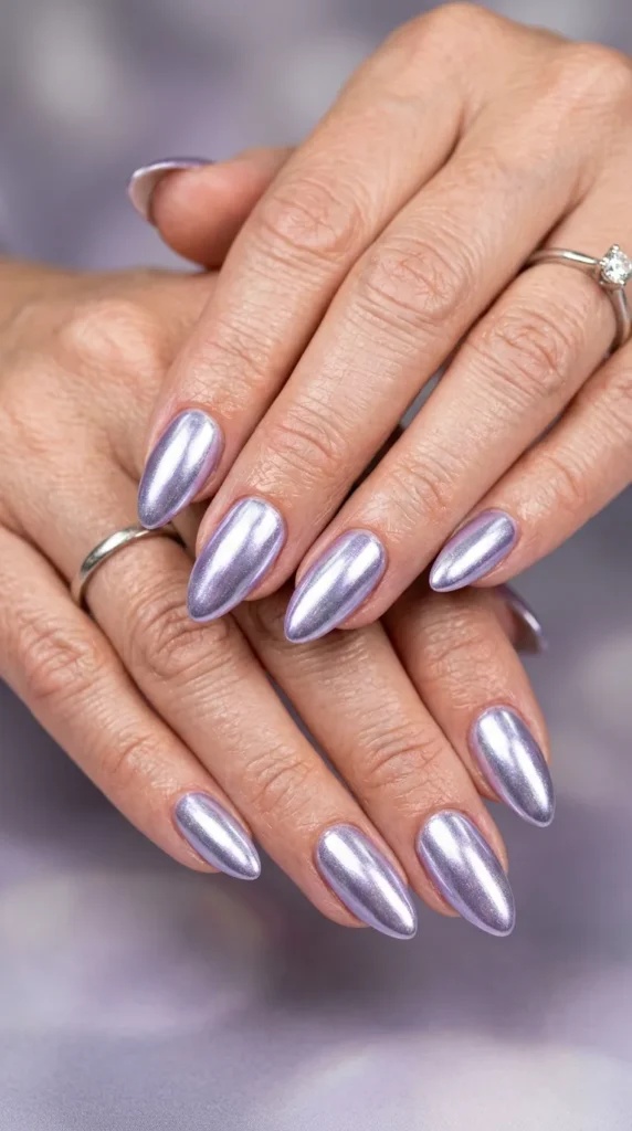 Icy Lavender Chrome Almond Nails
