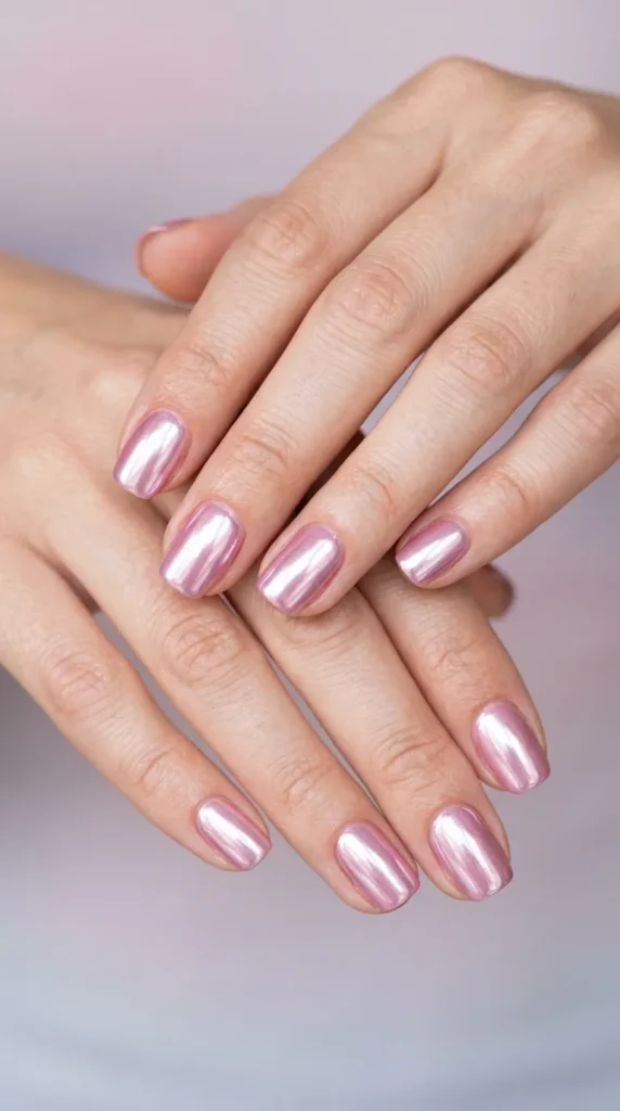 Icy Pink Chrome Short Nails