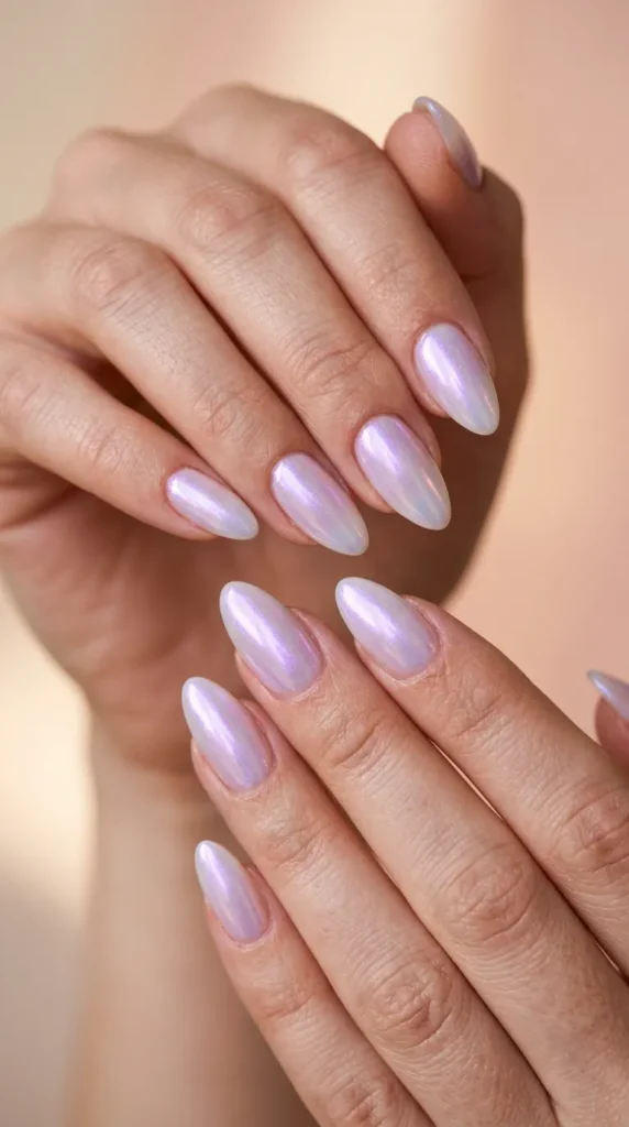Iridescent pearl almond nails