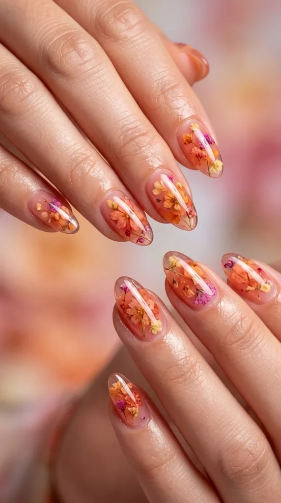jelly floral pinkorange nails