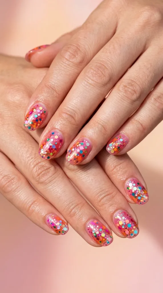 jelly pinkorange confetti nails