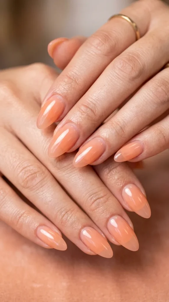 Jelly translucent almond nails in peach tint