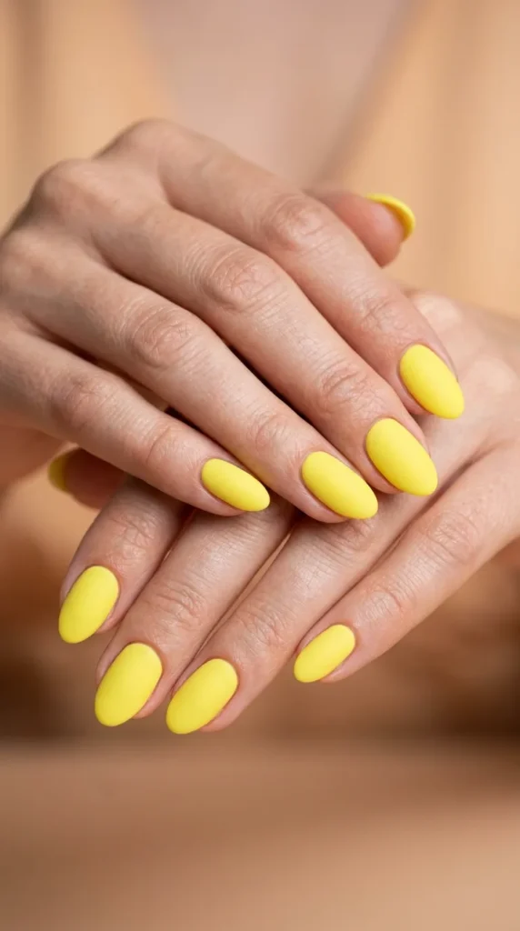 Lemon yellow almond nails with matte finish