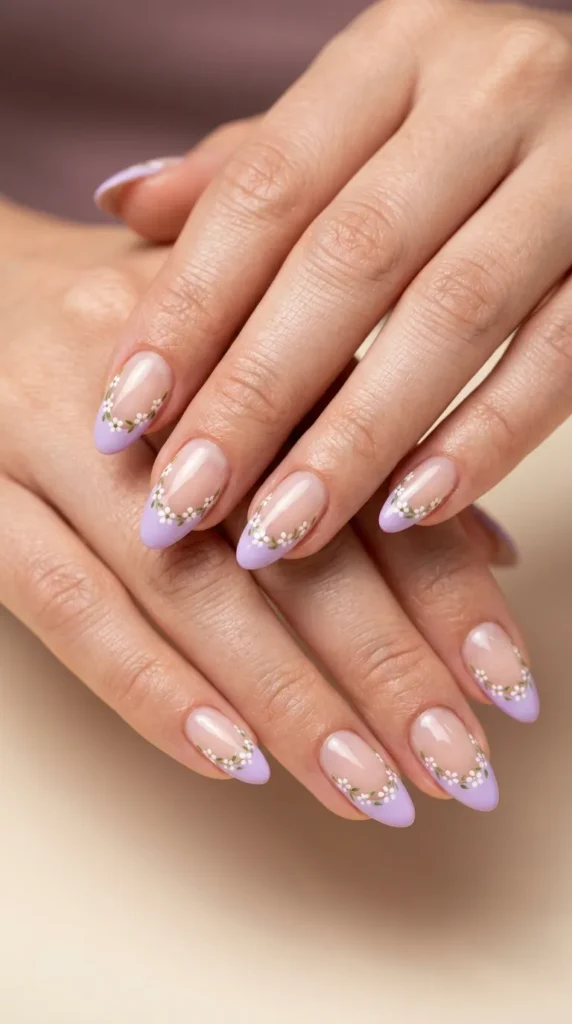 Lilac and White Floral French Nails