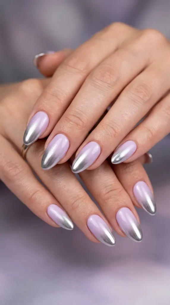 Lilac to silver chrome ombre nails