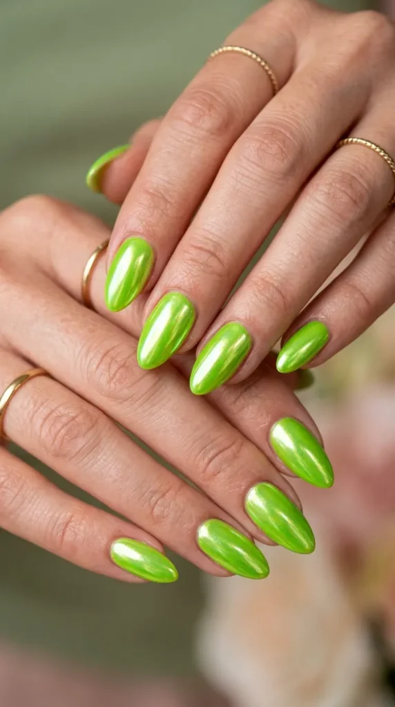 Lime Chrome Glazed Nails