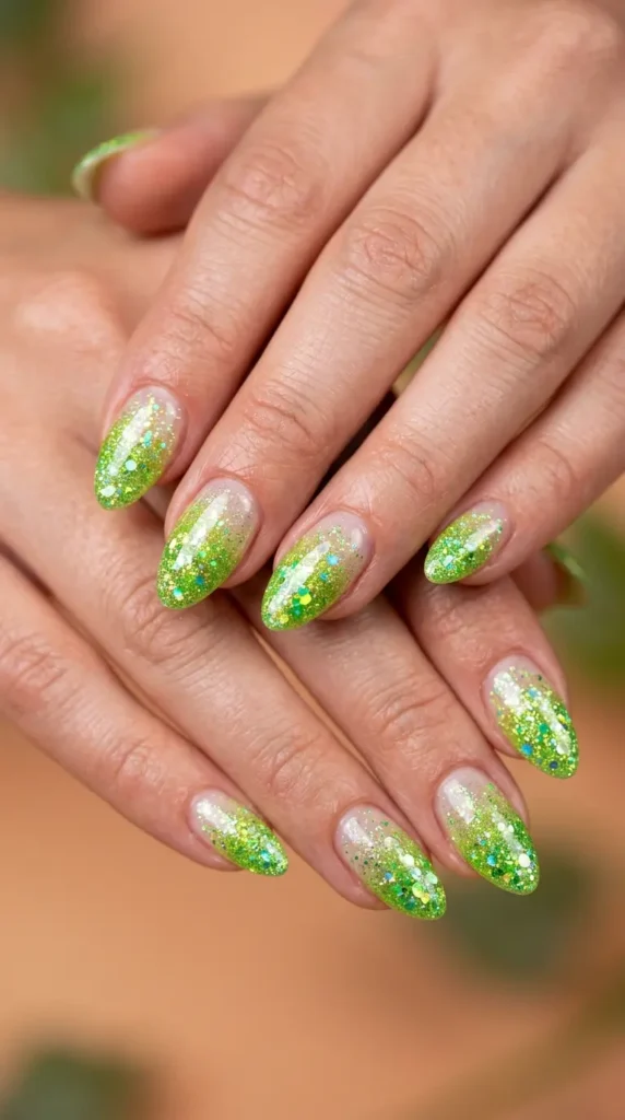 Lime Glitter Gradient Nails