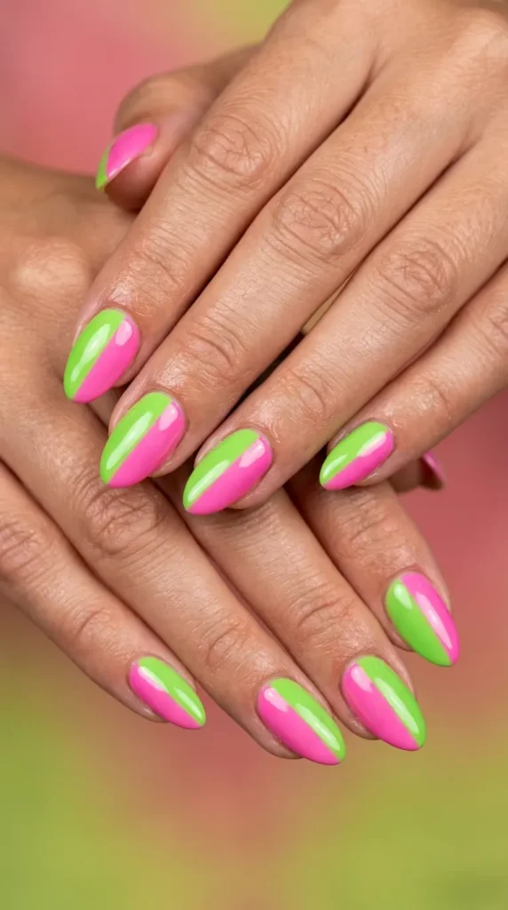 Lime & Pink Color Block Nails