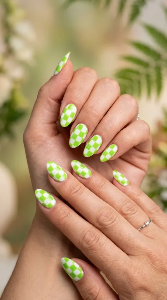 Lime & White Checkerboard Nails