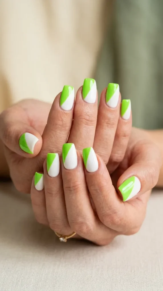 Lime & White Color Block Nails