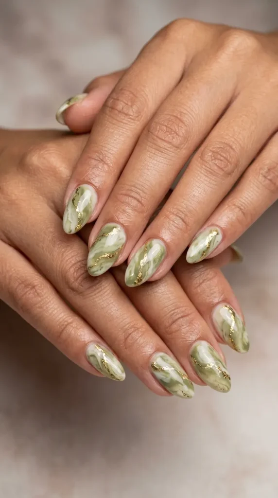 Matcha Marble Nails with Gold Veins