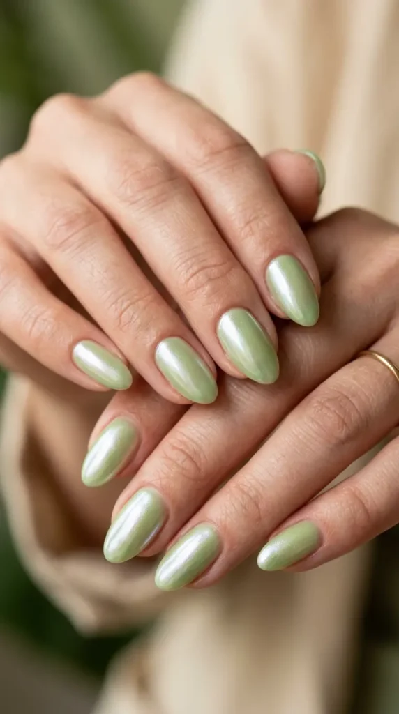Matcha Milk Chrome Nails