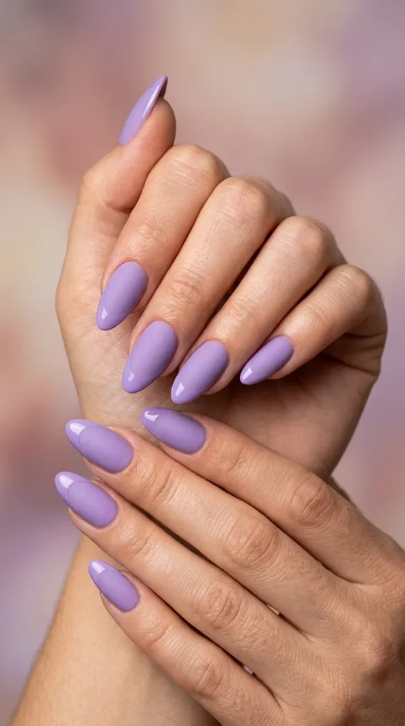 Matte lavender almond nails with glossy tips