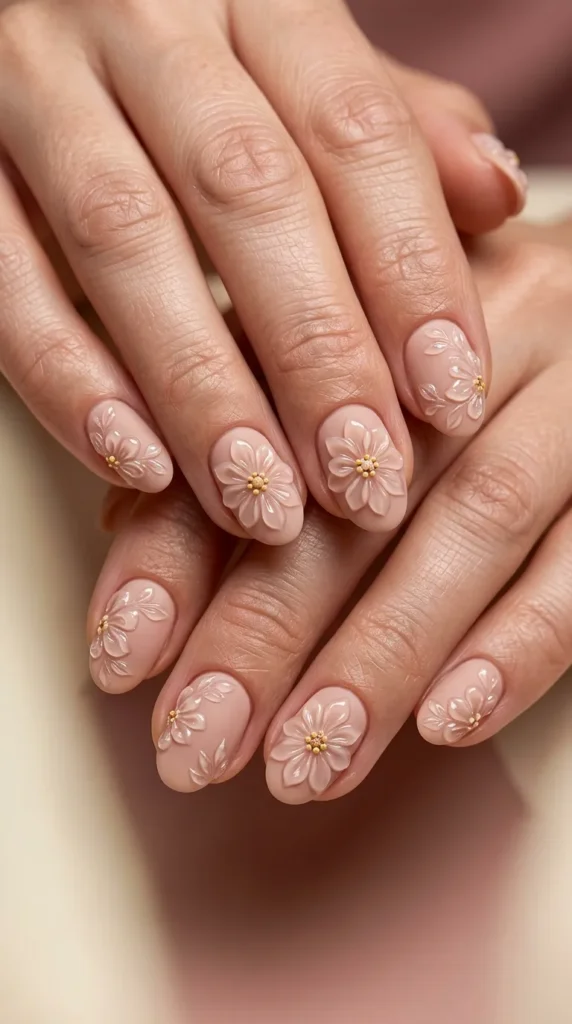 Matte Nude Nails with Embossed Flowers