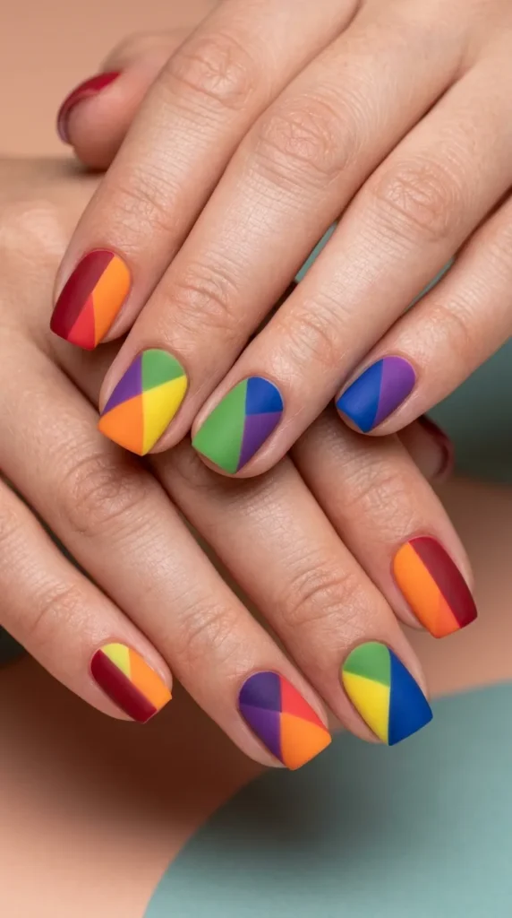 Matte Rainbow Color Block Nails
