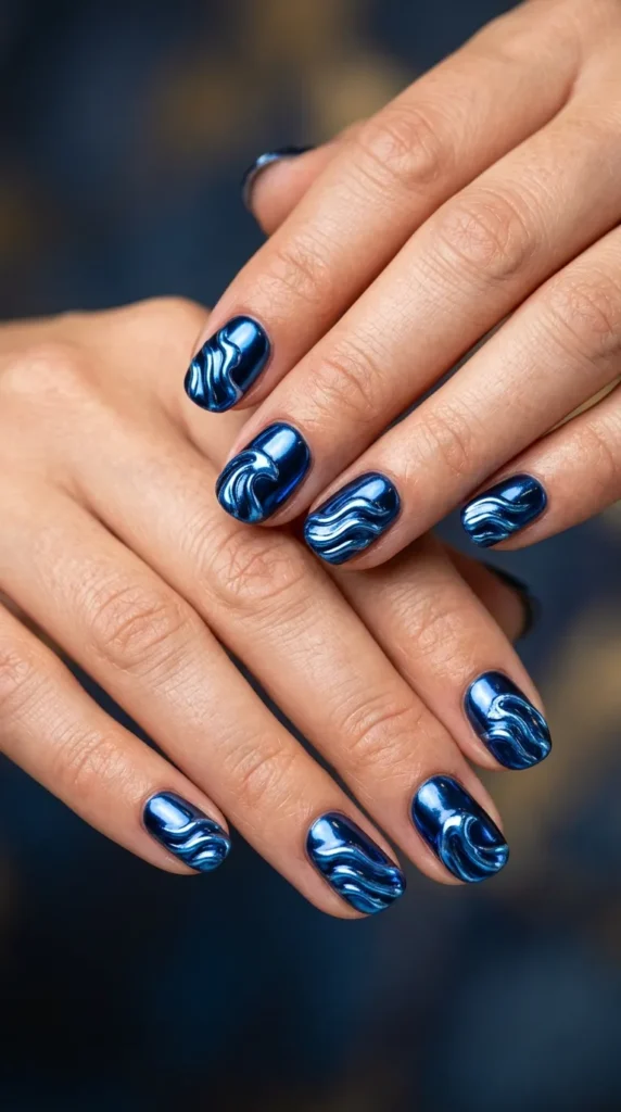 Metallic blue chrome wave design