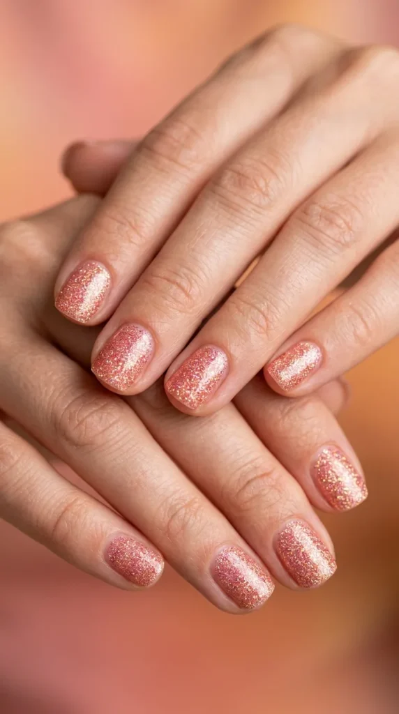 micro glitter pink-orange nails