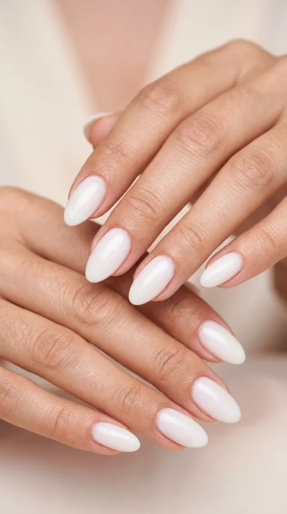 Milky white almond nails