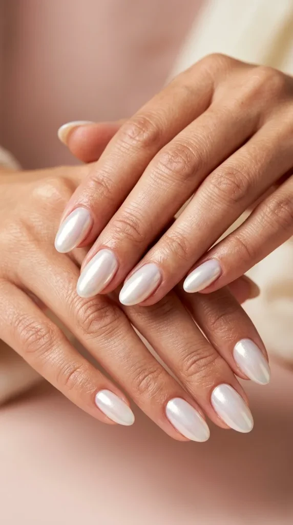 Milky white chrome glazed gel nails