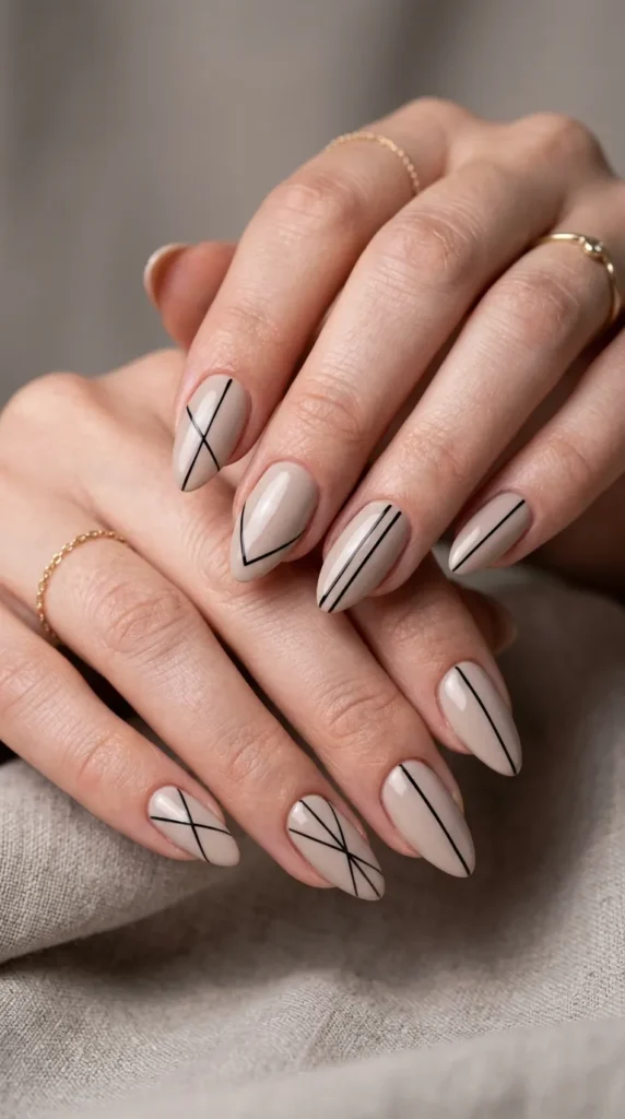 Minimal beige almond nails with thin black lines