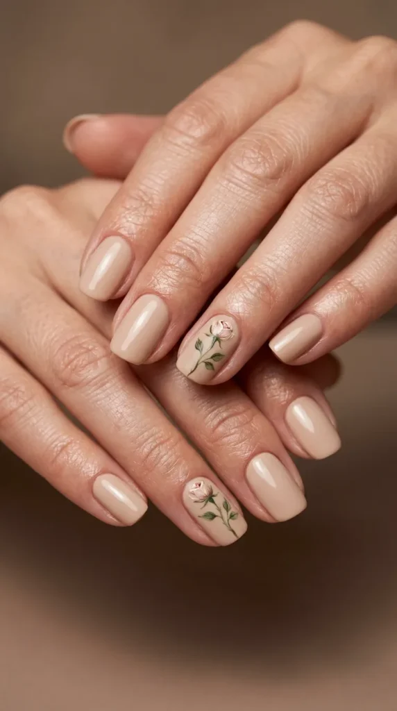 Minimal Beige Nails with Single Stem Flowers