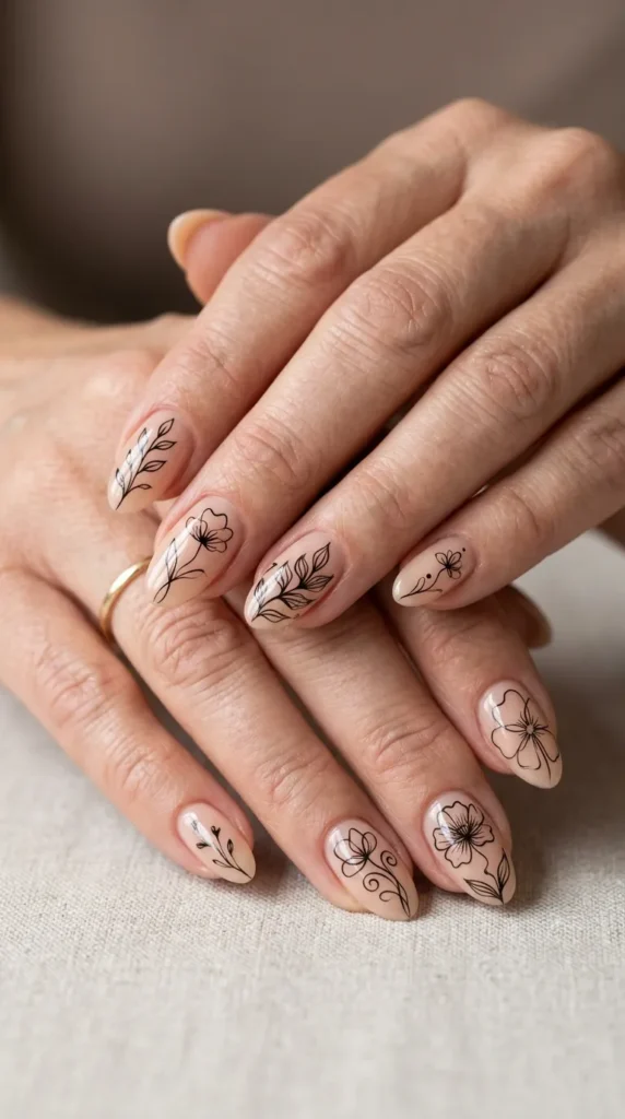 Minimal Line Art Floral Nails in Black Ink