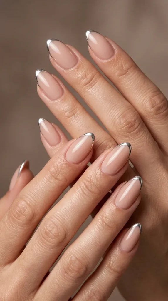 Minimal nude almond nails with chrome tips