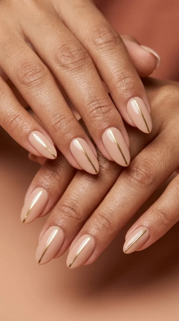 Minimal nude almond nails with micro gold lines