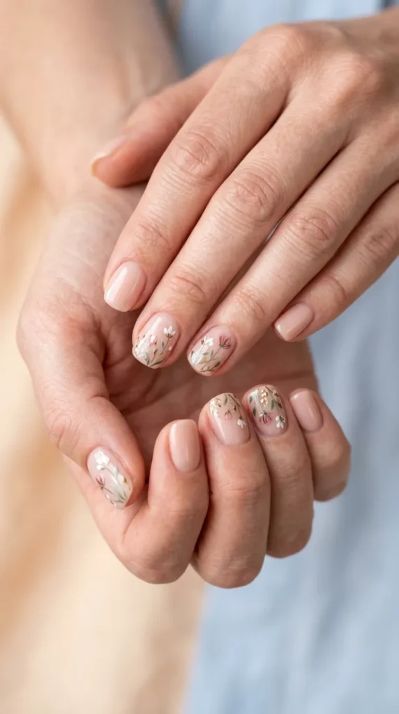Minimal nude floral gel nails