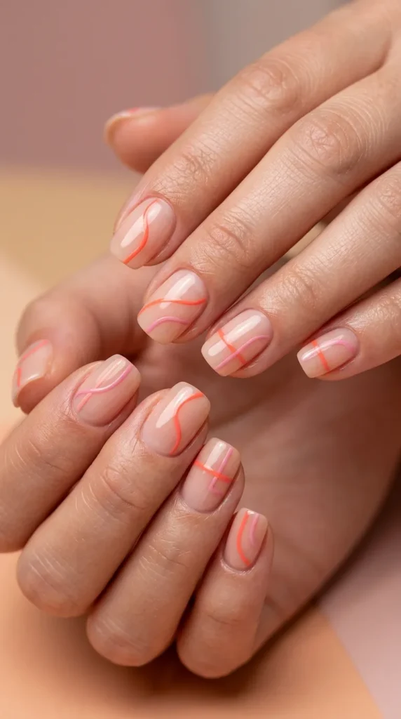 minimal pinkorange line art nails